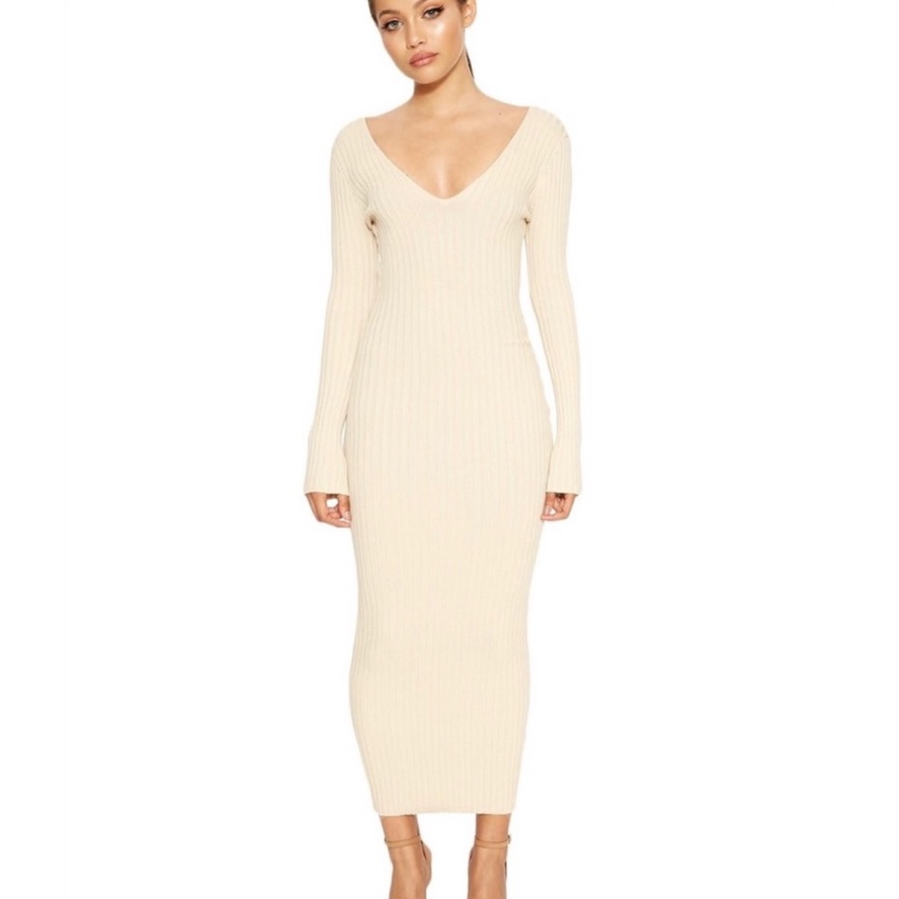 Naked Wardrobe Cream Ribbed Dress Size M